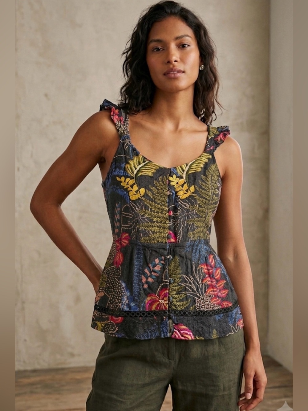 FARM Rio Black Floral Peplum Camisole with Yellow, Pink & Blue Accents